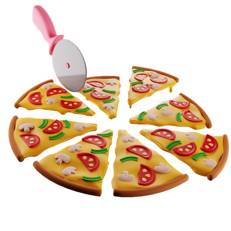 Pizza mit Pilzen wird mit einem Pizzamesser in 8 identische Stücke geteilt  3D Icon