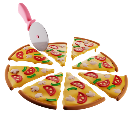 Pizza mit Pilzen wird mit einem Pizzamesser in 8 identische Stücke geteilt  3D Illustration