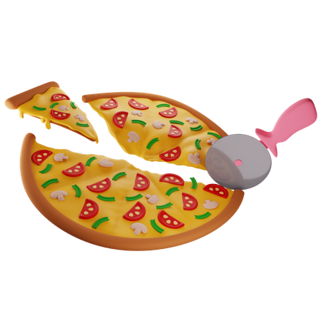 Pizza With Mushrooms Cut With A Pizza Knife Into Different Shares  3D Illustration