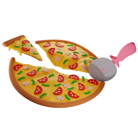 Pizza With Mushrooms Cut With A Pizza Knife Into Different Shares  3D Illustration