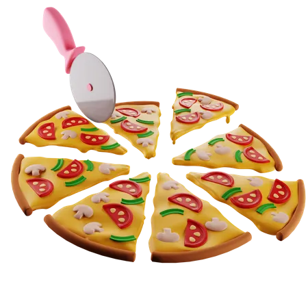 Pizza With Mushrooms Is Divided By A Pizza Knife Into 8 Identical Slices  3D Illustration