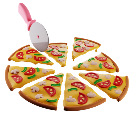 Pizza With Mushrooms Is Divided By A Pizza Knife Into 8 Identical Slices 3D Illustration