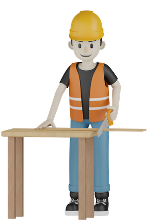 Trabalhador cortando placa de madeira  3D Illustration