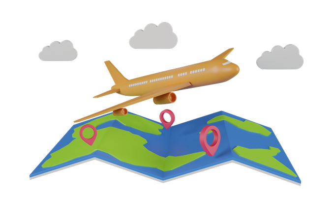 Plane traveling at global location 3D Illustration