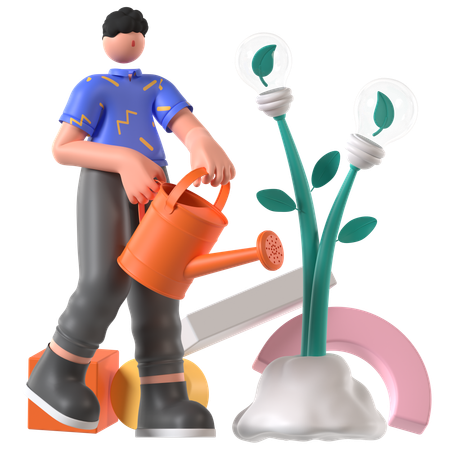 El hombre riega la planta en Energy Farm  3D Illustration