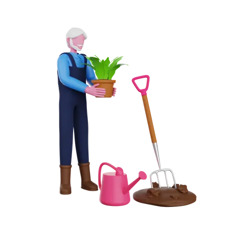 Agricultor cultivando plantas  3D Illustration