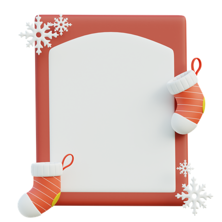 Plantilla de tarjeta de Navidad con marco rojo y adornos.  3D Icon