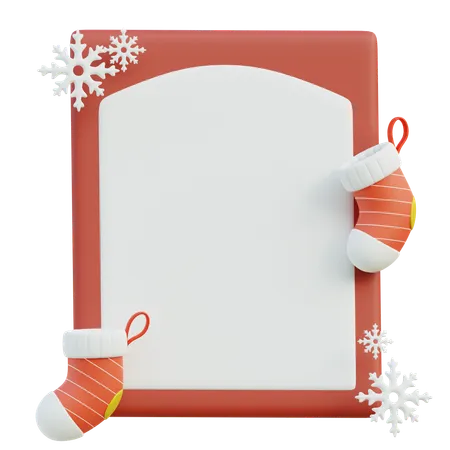 Plantilla de tarjeta de Navidad con marco rojo y adornos.  3D Icon