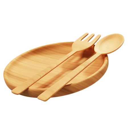 Plato y cuchara de madera  3D Icon