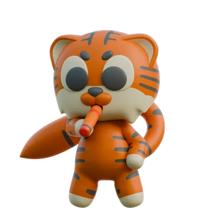 Playful Tiger Holding Whistle  3D Illustration