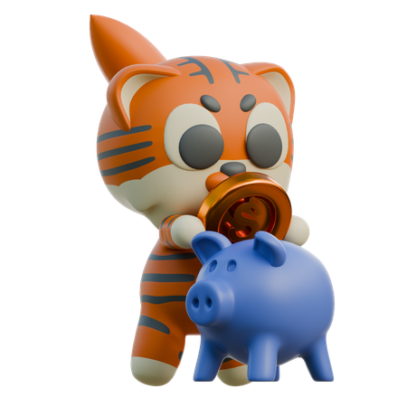 Playful Tiger With Piggy Bank  3D Illustration