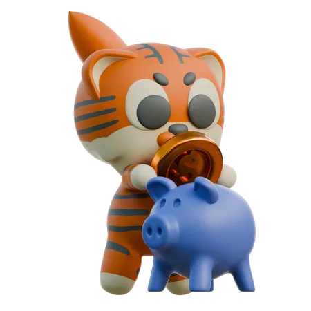Playful Tiger With Piggy Bank  3D Illustration