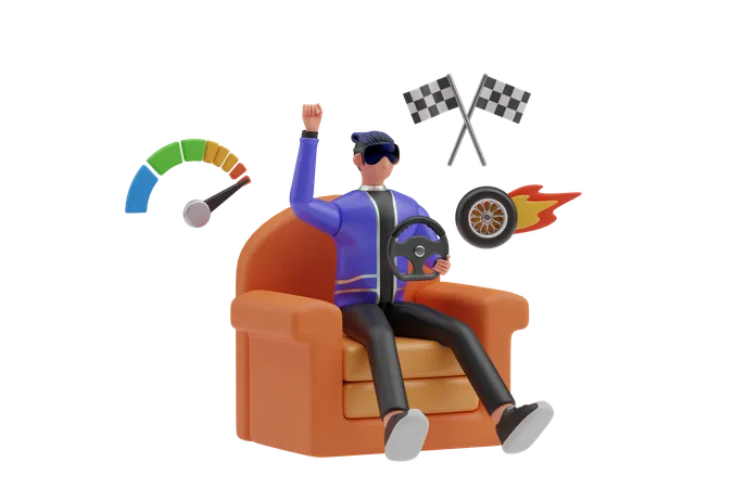 Playing VR racing game  3D Illustration
