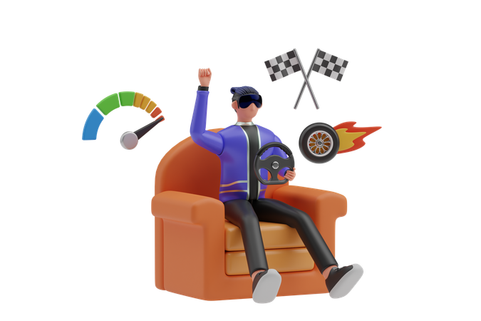 Playing VR racing game  3D Illustration