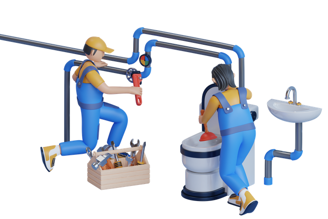 Plombiers travaillant ensemble pour réparer les tuyaux et nettoyer les toilettes  3D Illustration