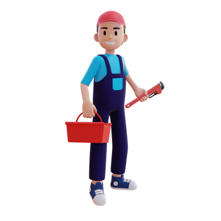 Plomero con llave inglesa y juego de herramientas  3D Illustration