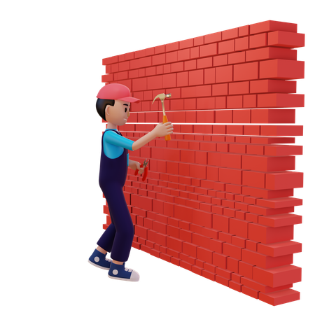 Plomero repara la pared con un martillo  3D Illustration