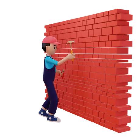 Plomero repara la pared con un martillo  3D Illustration