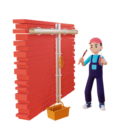 Plumber Fitting Pipe On Wall  3D Illustration
