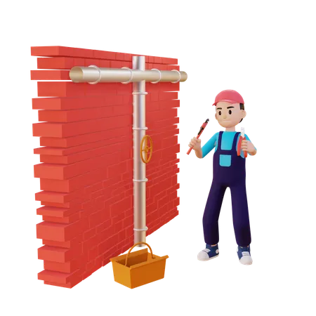 Plumber Fitting Pipe On Wall  3D Illustration
