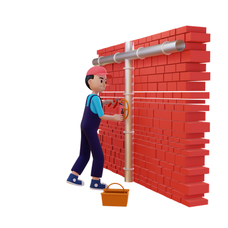 Plumber Fixing Pipe On Wall  3D Illustration