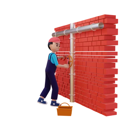 Plumber Fixing Pipe On Wall  3D Illustration