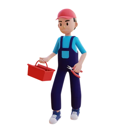 Plumber Holding Toolbox And Plier  3D Illustration