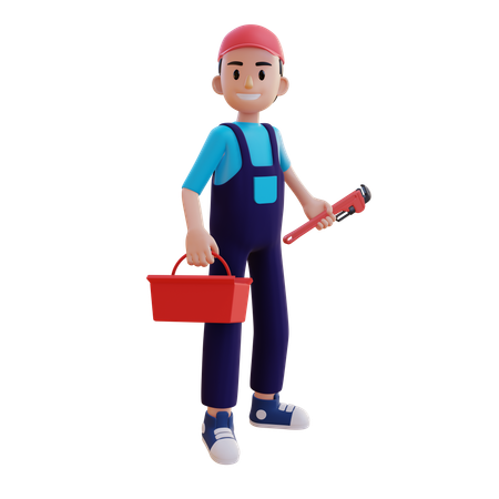 Plumber Holding Wrench And Toolkit  3D Illustration