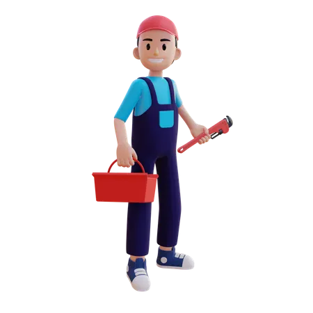 Plumber Holding Wrench And Toolkit  3D Illustration