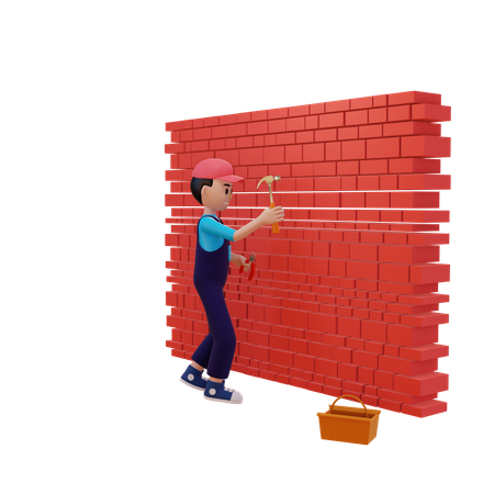 망치와 도구 상자를 이용한 배관공 수리 벽  3D Icon