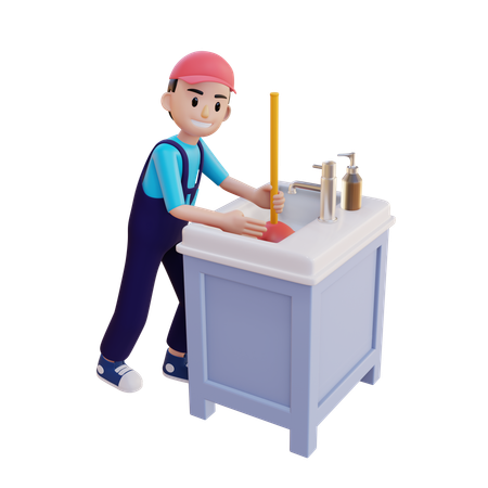 Plumber Repair Wash Basin Using Plunger  3D Illustration