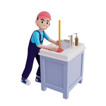Plumber Repair Wash Basin Using Plunger  3D Illustration