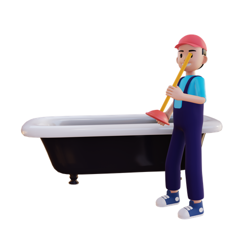 Plumber Repairing Bathtub Using Toilet Plunger  3D Illustration