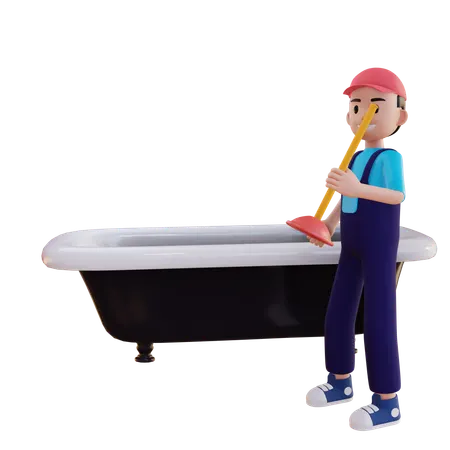 Plumber Repairing Bathtub Using Toilet Plunger  3D Illustration