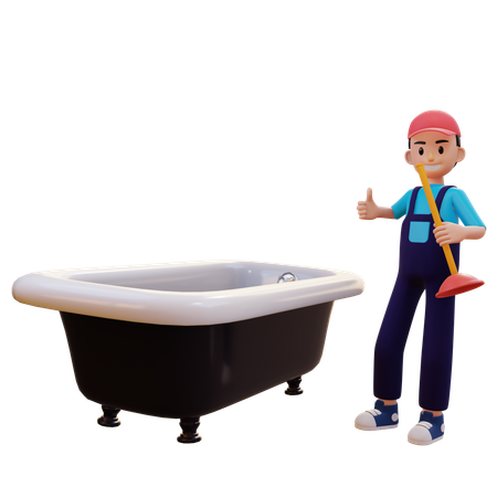 Plumber Repairing Bathtub Using Toilet Plunger While Showing Thumbs Up  3D Illustration