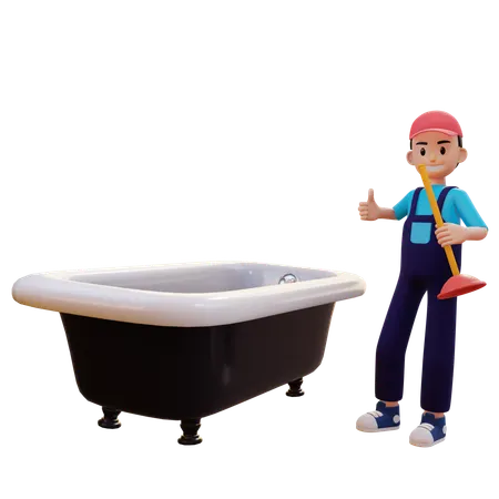 Plumber Repairing Bathtub Using Toilet Plunger While Showing Thumbs Up  3D Illustration