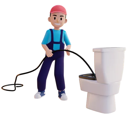 Plumber Repairing Commode With Wire  3D Illustration