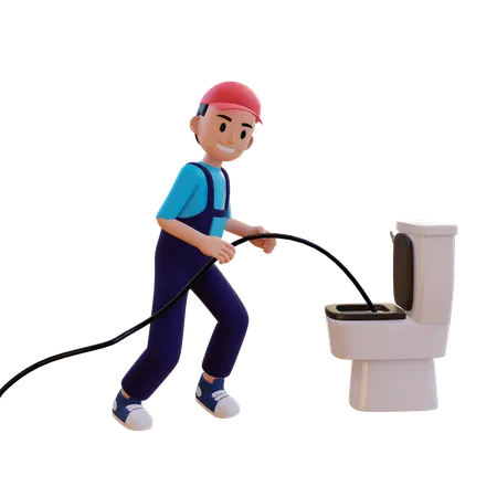Plumber Repairing Commode With Wire  3D Illustration