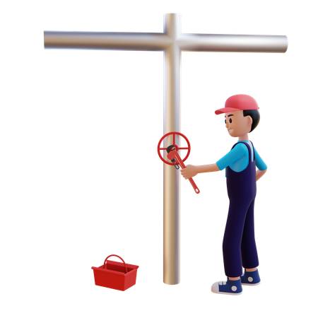 배관공이 툴킷을 사용하여 파이프 피팅을 수리합니다  3D Illustration