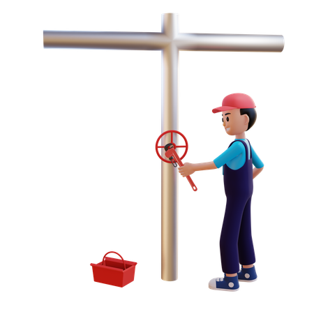 Plumber Repairing Pipe Fitting With Toolkit  3D Illustration