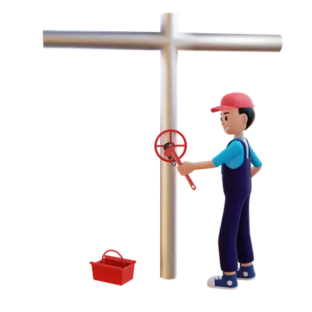 Plumber Repairing Pipe Fitting With Toolkit  3D Illustration