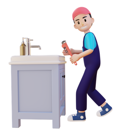 レンチを使って洗面台を修理する配管工  3D Illustration