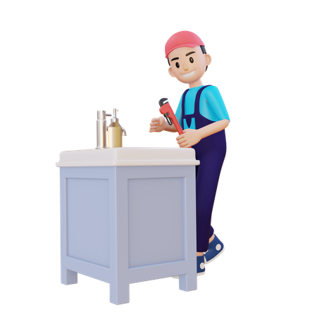 Plumber Repairing Wash Basin Using Wrench  3D Illustration