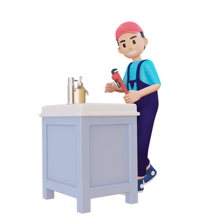 Plumber Repairing Wash Basin Using Wrench  3D Illustration