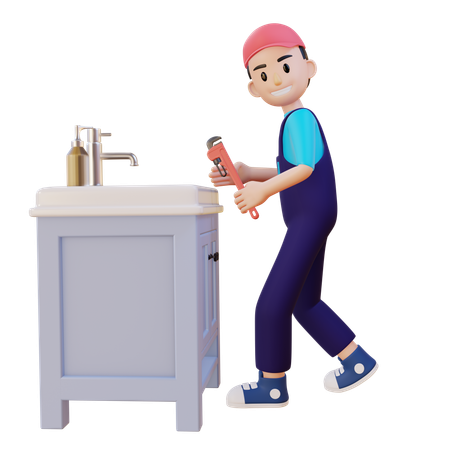 Plumber Repairing Wash Basin Using Wrench  3D Illustration