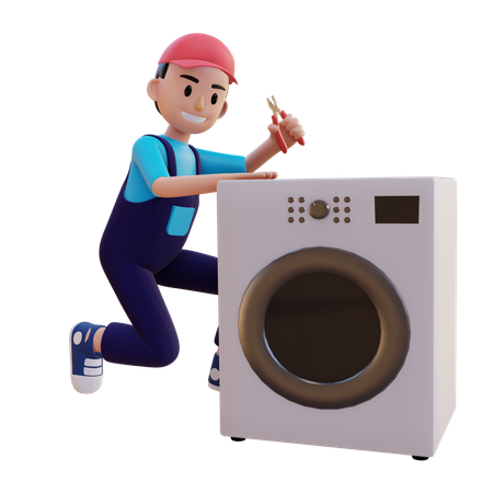 Plumber Repairing Washing Machine  3D Illustration