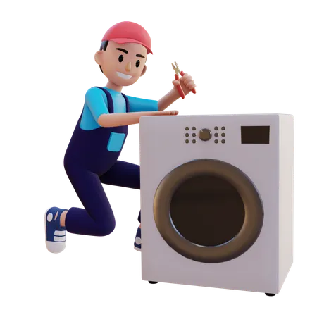 Plumber Repairing Washing Machine  3D Illustration