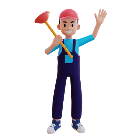 Plumber Waving Hand And Holding Toilet Plunger  3D Illustration