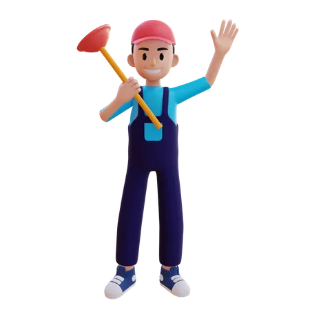 Plumber Waving Hand And Holding Toilet Plunger  3D Illustration