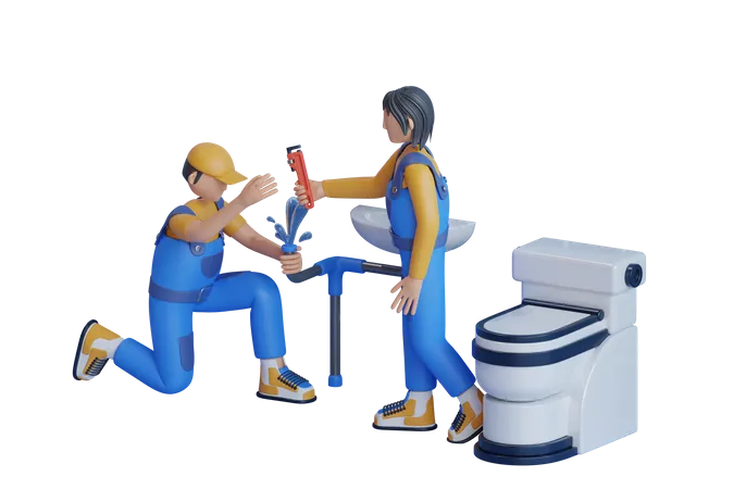 Plumbers Doing Water Pipe Leak Repairing Work  3D Illustration